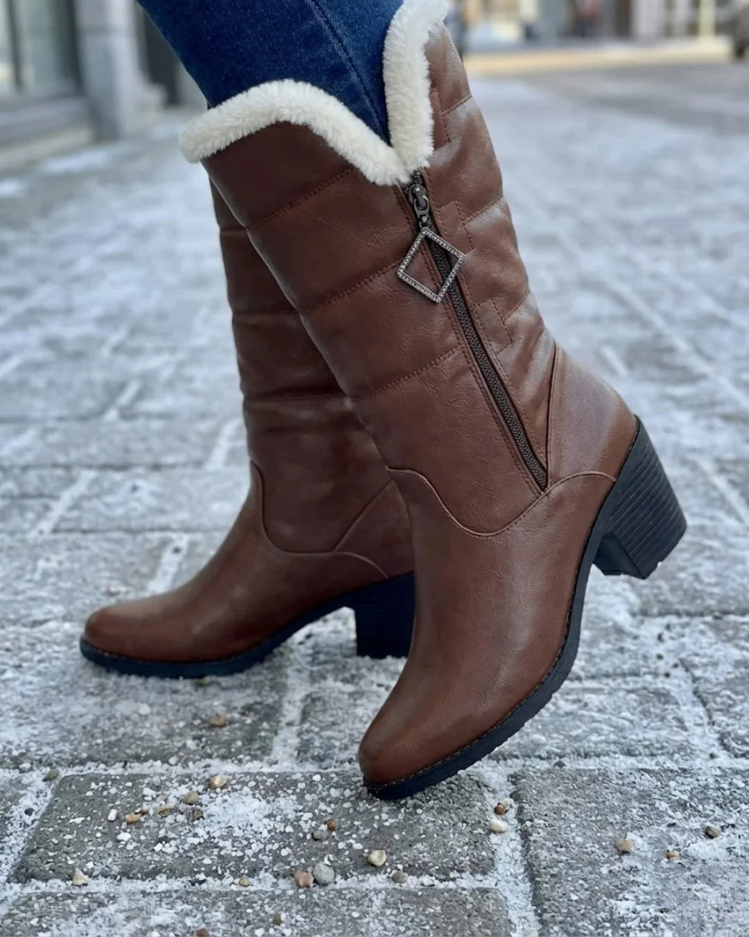 Beryl™ | Faux-fur cuff side-zip heeled knee-high boots