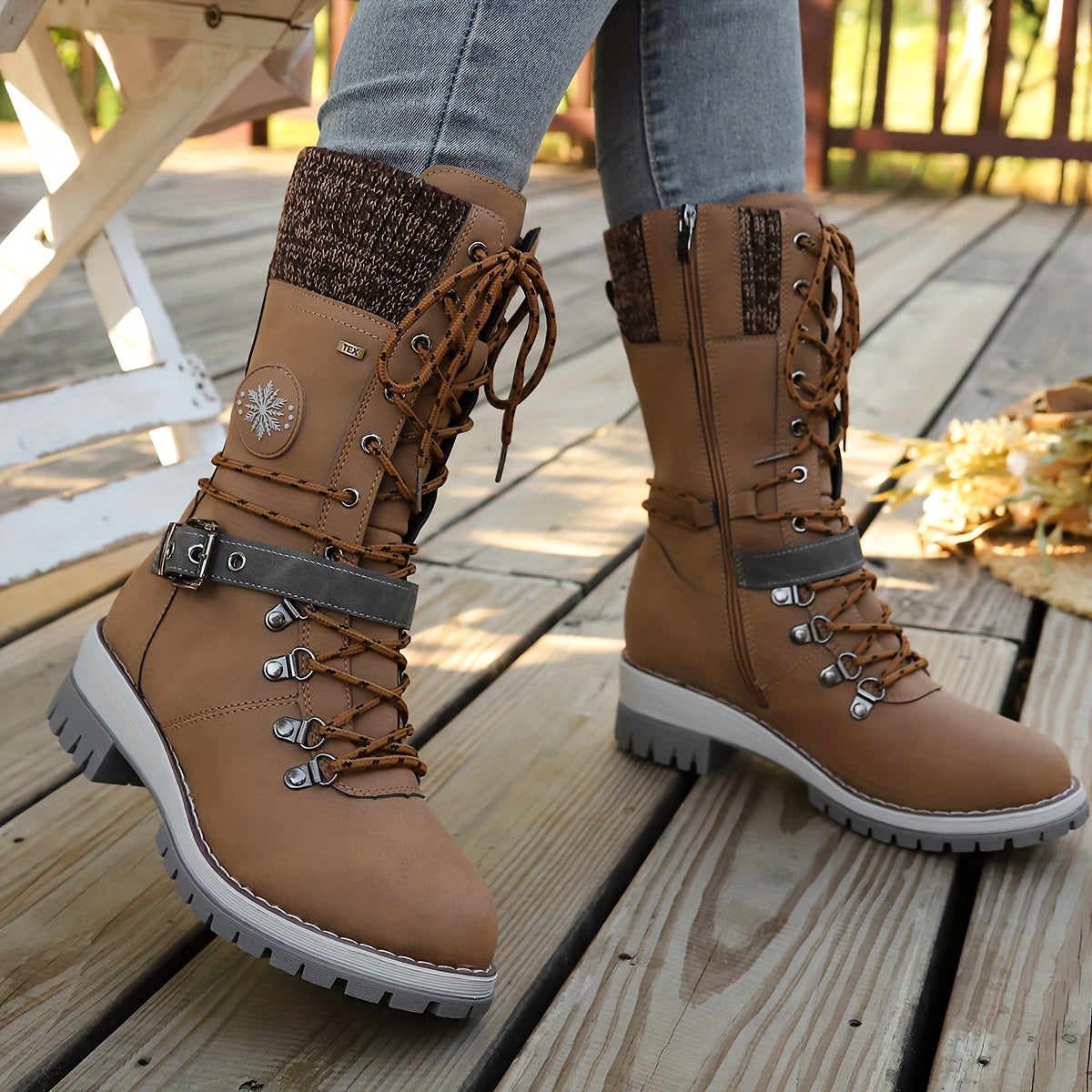 Cordelia™ | Knit-cuff buckle-strapped lace-up hiking boots