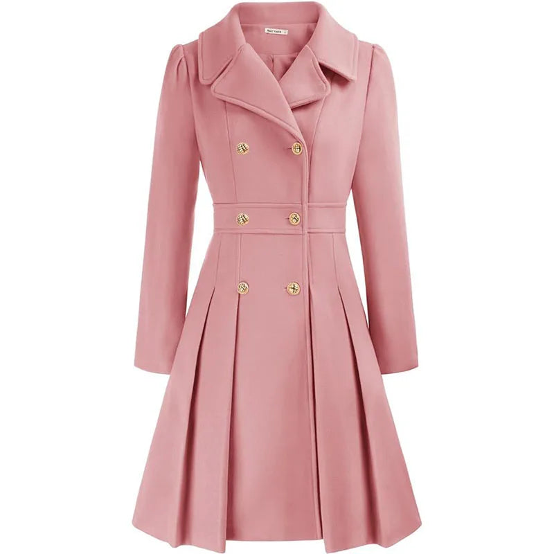 Alethea™ | Pleated Double-Breasted Fit-and-Flare Coat