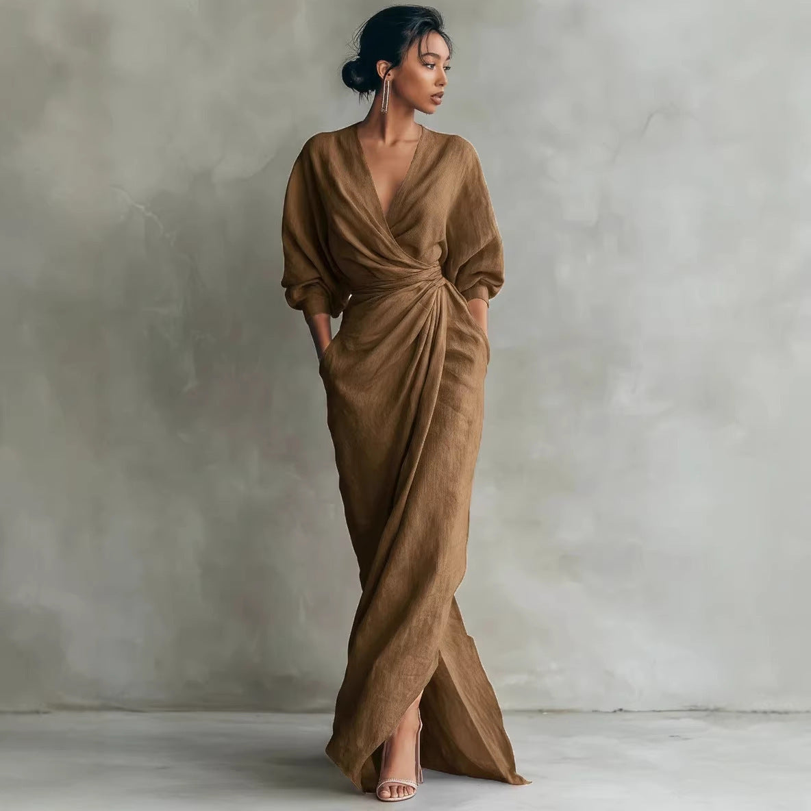 Lola | V-Neck Waist Draped Long Sleeve Dress