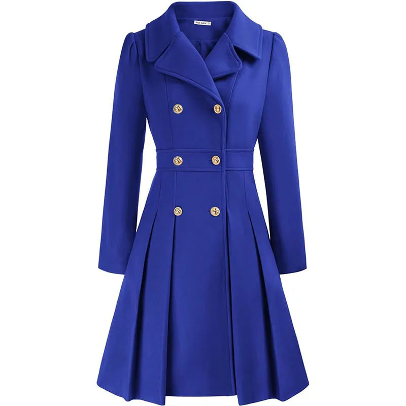 Alethea™ | Pleated Double-Breasted Fit-and-Flare Coat