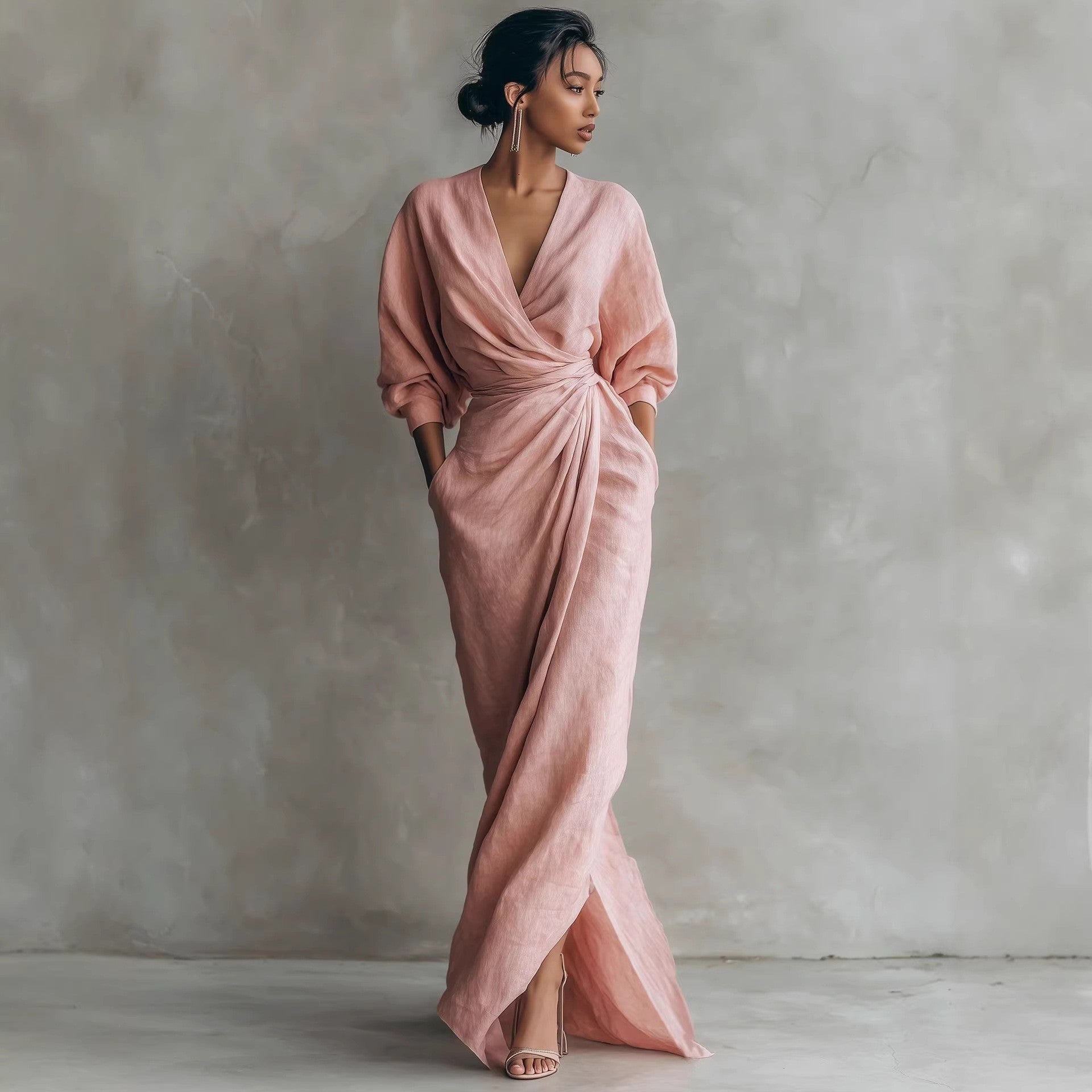 Lola | V-Neck Waist Draped Long Sleeve Dress