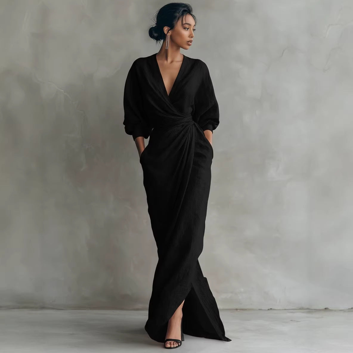 Lola | V-Neck Waist Draped Long Sleeve Dress